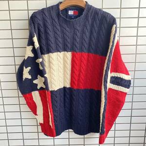 TOMMY HILFIGER トミーヒルフィガー/星条旗柄 ケーブル編み ニットセーター　L フラッグカラー フィッシャーマンセーター　ウール