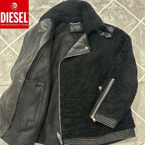 【最高傑作】極美品 DIESEL ディーゼル ムートン レザージャケット ダブルス 38 Lsize相当 黒 羊革 牛革 MIX加工【幻の一着】極暖 保温性◎