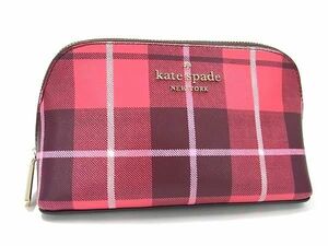 ■美品■ kate spade ケイトスペード WLR00650 PVC チェック柄 メイクポーチ マルチケース 小物入れ ピンク系×ボルドー系 DG3437