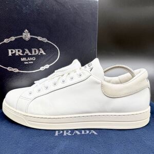 1円 【美品】 PRADA プラダ 【圧倒的高級感】 メンズ ロゴ ローカット スニーカー シューズ 靴 レザー ホワイト 白 24.0cm相当