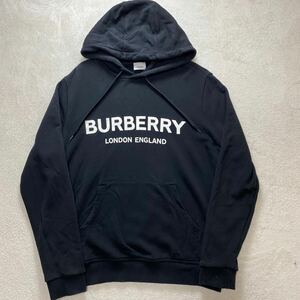 【極美品・現行】 BURBERRY バーバリー メンズ プルオーバー パーカー スウェット フーディ ビッグロゴ ラバーロゴ ブラック L相当