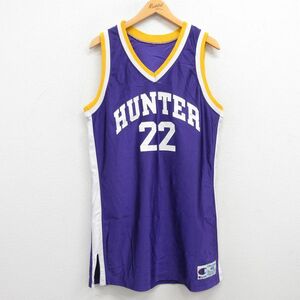 L/古着 チャンピオン Champion ビンテージ タンクトップ メンズ 90s HUNTER 22 ロング丈 Vネック 紫 パープル ユニフォーム ゲームシャ