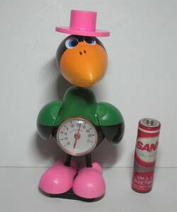 ピンクのハットと靴の カラス からす 首振り 木製 温度計 磁石付き Crow thermometer 昭和レトロ