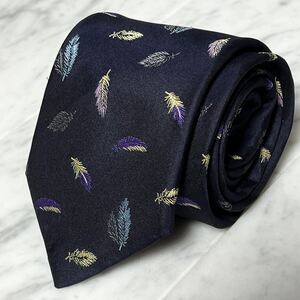 【美品】 999円～ Paul Smith ネクタイ ダークネイビー マルチカラー 羽 総柄 光沢 (B1)