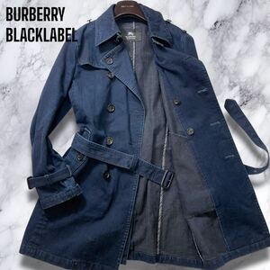 極希少!!!全身デニム!!!【L】バーバリーブラックレーベル トレンチコート ノバチェック インディゴ ネイビー メンズ BURBERRY BLACKLABEL