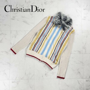 Christian Dior クリスチャンディオール ファー付きニットカーディガン トップス レディース ベージュ マルチカラー サイズM*SC1136