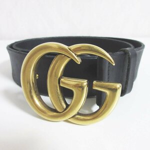 美品 GUCCI グッチ GGマーモント ダブルG レザーベルト 493949 85・34 ブラック×ゴールド金具 ◆