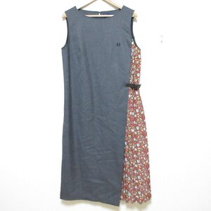 美品 FRED PERRY フレッドペリー Liberty Side Pleated Dress リバティプリント ノースリーブ ワンピース ミディドレス 10 グレー系 ◆