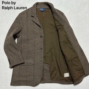 希少XL!ポロ ラルフローレン Polo Ralph Lauren 肉厚 ウール ヘリンボーン ペン チェック ニット テーラード ジャケット オリーブ色 LL