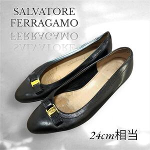 FERRAGAMO フェラガモ　パンプス　ローヒール　黒　24cm相当 リボン ヴァラ 　3391　00035