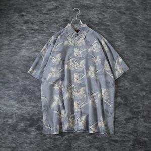 Swordfish Patterned Short Sleeve Vintage Cotton Shirt カジキ ボタニカル柄 ペールブルー ルーズ コットン アロハ シャツ L 90s S140