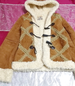 茶色フローラルホワイトボアダッフルコート/外套/アウター Brown floral white duffel coat mantle