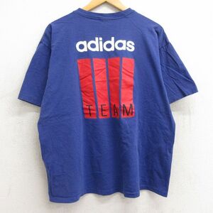 XL/古着 アディダス adidas 半袖 ビンテージ Tシャツ メンズ 80s ビッグロゴ リーフトレフォイル 大きいサイズ コットン クルーネック 青