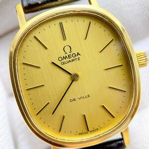 【稼働品】オメガ OMEGA デビル DEVILLE メンズ 腕時計 クオーツ QZ オーバル ゴールド文字盤 純正ベルト アンティーク 動作 y11