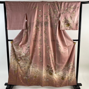 訪問着 身丈161cm 裄丈64cm M 袷 花籠 観世水 金彩 ぼかし ピンク 正絹 名品 【中古】