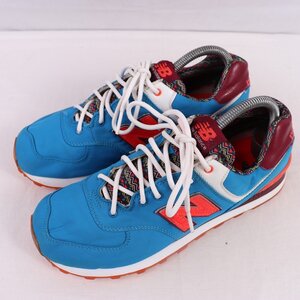 574 ニューバランス 25.5cm/new balance 青 ブルー オレンジ系 エンジ 中古 古着 スニーカー レディース yy4513