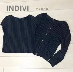 INDIVI シルク混　アンサンブル　ネイビー×ストライプ　サイズ３８