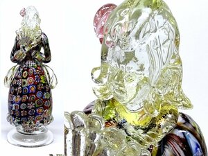 【侍】イタリア製 MURANO GLASS/ムラーノガラス ヴェネチアンガラス ミルフィオリ技法 金彩 18㎝ 貴婦人 オブジェ フィギュリン 置物 20+12