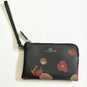 COACH コーチ 小銭入れ 花柄 キーリング付き コインケース キーケース キーリング 財布 黒 中古 used フローラル ポーチ ストラップ付き