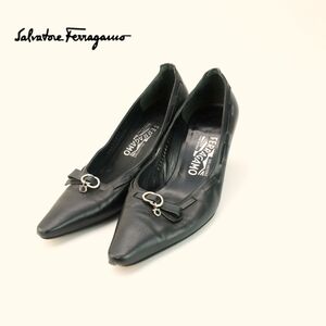 Salvatore Ferragamo サルヴァトーレフェラガモ 6 23.5 パンプス イタリア製 ヒール ポインテッドトゥ レザー 黒 ブラック/PC112