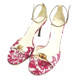 未使用 GUCCI グッチ バンブー 花柄 フラワー アンクルストラップ サンダル 35 1/2 22.5cm相当 パープル×アイボリー