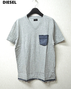 S【ディーゼル Tシャツ DIESEL Tシャツ 半袖 デニム 切替 カットオフ DIESEL Vネック デニムポケット 裾デニム切り替え グレー】