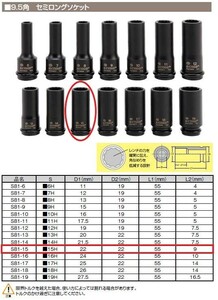 【TIP TOP】インパクト用　セミロング　ソケット　S81-15　9.5角　直径22mm　15mm　ナット用　単品　整備用品