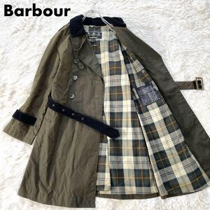 Barbour バブアー トレンチコート オイルド ダブル カーキ ゴールド金具 チェック裏地 UK8 レディース