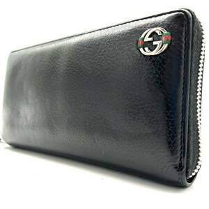 グッチ【美品】GUCCI 長財布 ラウンドファスナー インターロッキング シェリーライン オールレザー シボ 本革 ジッパー メンズ レディース