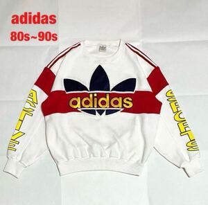 【希少】adidas　アディダス　スウェット　トレフォイルロゴ　デサント社　銀タグ　ビッグロゴ　袖デザイン　3本ライン　80s　90s　VINTAGE