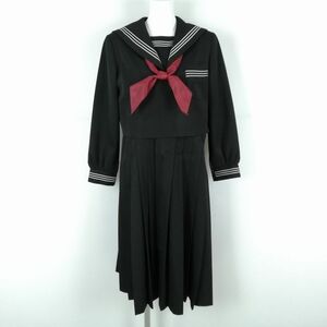 1円 セーラー服 ジャンパースカート スカーフ 上下3点セット 冬物 白3本線 女子 学生服 中学 高校 黒 制服 中古 ランクC NA7864