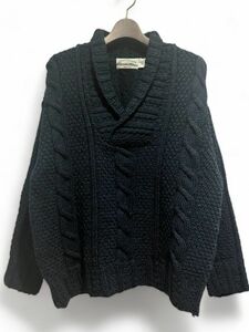 美品 アイルランド製 aran crafts ショールカラー フィッシャーマンニット セーター アランニット 緑 グリーン ネイビー系 Sサイズ