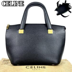 【極美品】CELINE セリーヌ ハンドバッグ トートバッグ キャビアスキン ゴールド金具 ロゴ型押し フォーマル ビジネス 男女兼用 レザー 黒