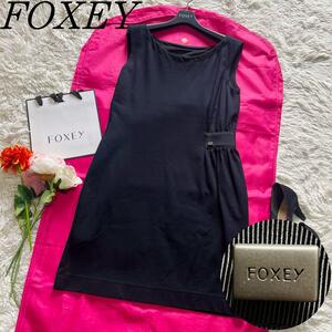 【美品】FOXEY NEW YORK 膝丈ワンピース ノースリーブ ネイビー 40 紺　フォクシーニューヨーク　L　ギャザー