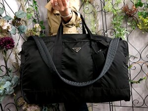 超美品●PRADA プラダ●三角ロゴプレート●ポコノ ナイロン カーフ レザー 本革●2way ボストン バッグ●黒●SV金具●大容量 旅行●Js53840