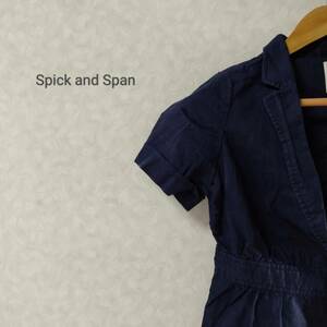 Spick and Span スピック＆スパン コットンリネン ジャケット アウター 半袖 ショート丈 フック ハイウエスト Vネック ダークブルー SJJ229