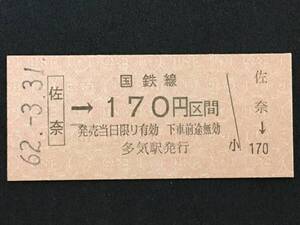 紀勢本線 佐奈駅 170円 区間 硬券 1枚 (No0303:日付62.3.31)