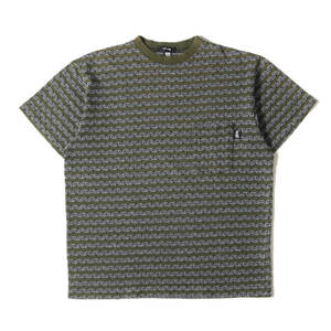 STUSSY ステューシー Tシャツ サイズ:M 80s OLD STUSSY 黒タグ ジャガード ボーダー ポケット クルーネック 半袖Tシャツ USA製 カーキ