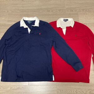 2枚セット ポロラルフローレン POLO RALPH LAUREN 長袖ラガーシャツ スエット 青ネイビーXL, 赤レッドL アメリカ購入品