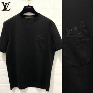 ☆未使用 LOUIS VUITTON ルイヴィトン シグネチャー モノグラム パターン 胸ポケット半袖 Tシャツ ブラック メンズ サイズ L カットソー 