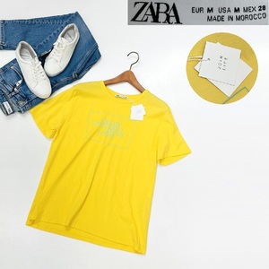 /M/ ZARA イエロー 半袖Tシャツ レディース タグ カジュアル トップス 通勤 フェミニン 大人可愛い黄 ロゴプリント デイリー ザラ