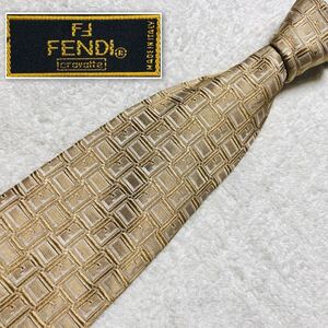 ■美品■FENDI フェンディ　ネクタイ　Fロゴ長方形　総柄　アセテート混シルク　イタリア製　ゴールドベージュ　ビジネス