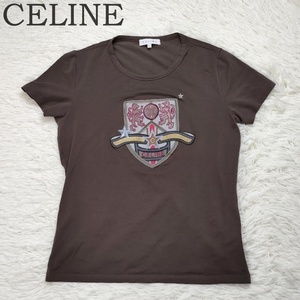 CELINE セリーヌ 半袖 Tシャツ L ロゴ トリオンフ 刺繍 ブラウン カーキ レディース 中古 ブランド 