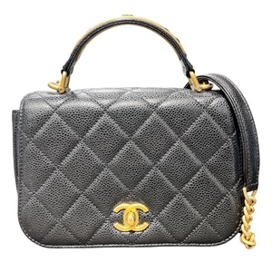 シャネル CHANEL トップハンドルプレートチェーンショルダー ブラック/ゴールド金具 キャビアスキン ショルダーバッグ レディース 中古