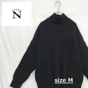 NZ1633●22AW RNA-N ハニカム ワッフル ロング丈 タートル●M●ブラック レディース セーター 定価￥12100- アールエヌエーアヌ