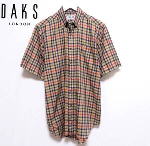 美品 英国製 DAKS LONDON ダックスロンドン チェックシャツ 半袖トップス ボタンダウンシャツ メンズ 紳士 39-15 1/2 ゴルフ 春夏物