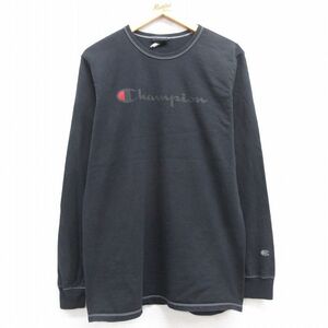 M/古着 チャンピオン Champion 長袖 Tシャツ メンズ ビッグロゴ クルーネック 黒 ブラック 24jan25 中古