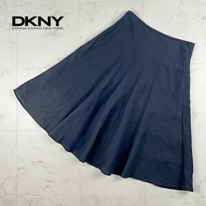美品 DKNY ディーケーエヌワイ リネン100% フレアスカート 膝丈 裏地なし レディース ボトムス 黒 ブラック サイズ2*KB363