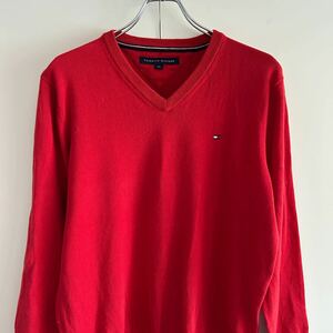 TOMMY HILFIGER トミーヒルフィガー コットン ニット セーター L Vネック レッド 古着 