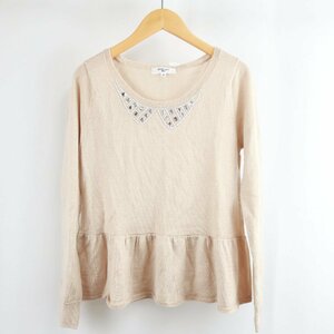 NATURAL BEAUTY BASIC ウール ビジュー ビーズ フリル ペプラム ニット カットソー M ベージュ 薄茶 レディース KC2208-513